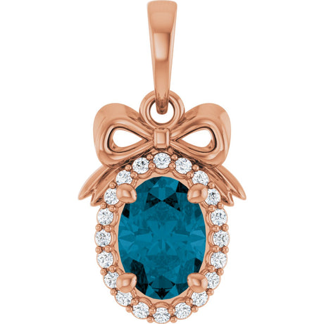 14K Gold Oval Natural London Blue Topaz & Natural Diamond Accented Bow Necklace or Pendant - Rose Gold