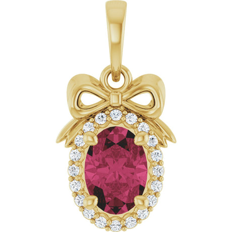 14K Gold Oval Natural Rhodolite Garnet & Natural Diamond Accented Bow Necklace or Pendant - Yellow Gold