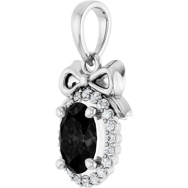 14K Gold Oval Natural Black Onyx & Natural Diamond Accented Bow Necklace or Pendant - White Gold - view 2