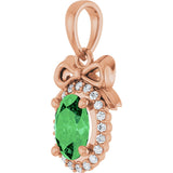 14K Gold Oval Natural Tsavorite Garnet & Natural Diamond Accented Bow Necklace or Pendant - Rose Gold - view 2