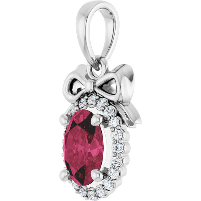 Platinum Oval Natural Rhodolite Garnet & Natural Diamond Accented Bow Necklace or Pendant - view 2
