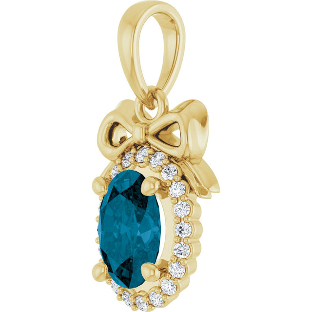 14K Gold Oval Natural London Blue Topaz & Natural Diamond Accented Bow Necklace or Pendant - Yellow Gold - view 2
