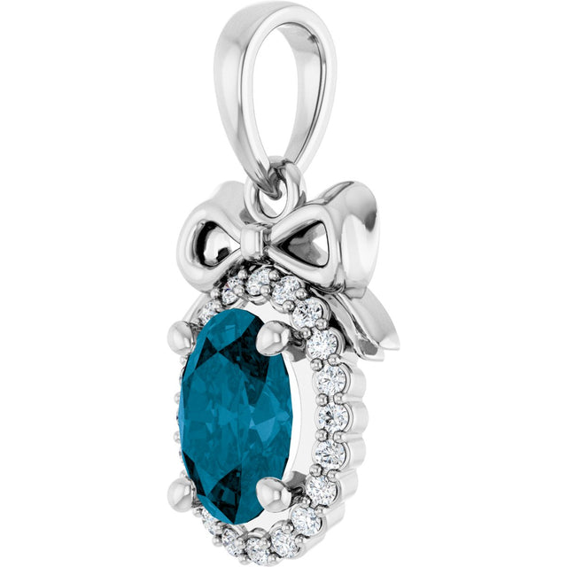 14K Gold Oval Natural London Blue Topaz & Natural Diamond Accented Bow Necklace or Pendant - White Gold - view 2