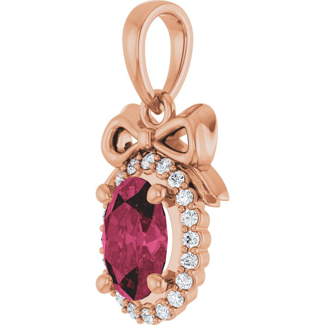 14K Gold Oval Natural Rhodolite Garnet & Natural Diamond Accented Bow Necklace or Pendant - Rose Gold - view 2