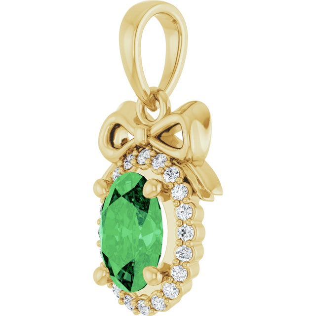 14K Gold Oval Natural Tsavorite Garnet & Natural Diamond Accented Bow Necklace or Pendant - Yellow Gold - view 2