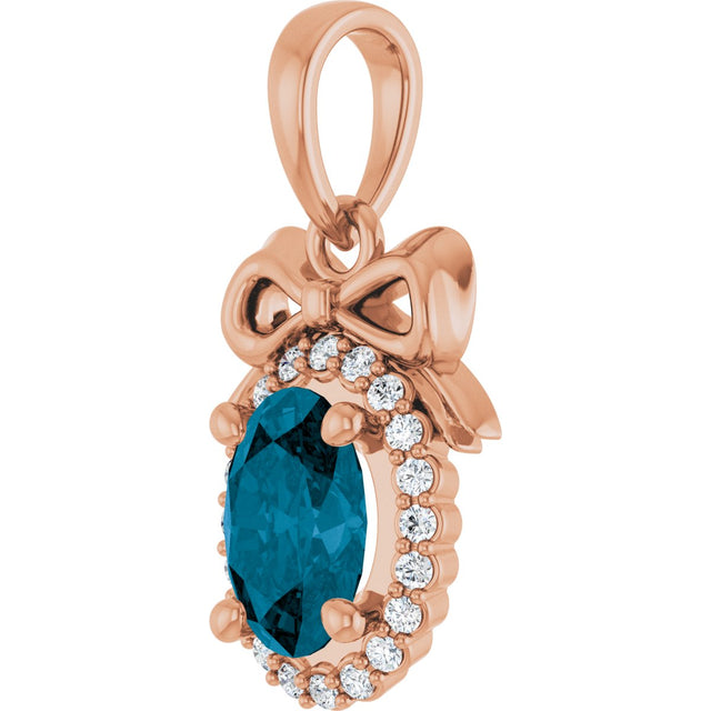 14K Gold Oval Natural London Blue Topaz & Natural Diamond Accented Bow Necklace or Pendant - Rose Gold - view 2
