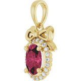 14K Gold Oval Natural Rhodolite Garnet & Natural Diamond Accented Bow Necklace or Pendant - Yellow Gold - view 2