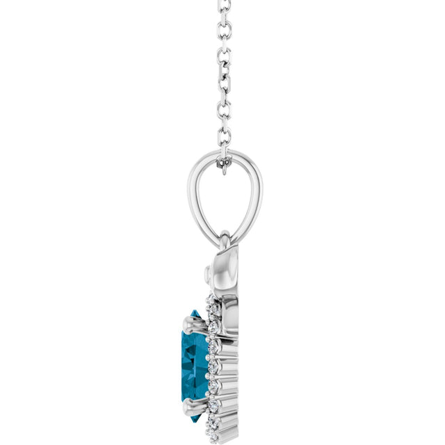 Platinum Oval Natural London Blue Topaz & Natural Diamond Accented Bow Necklace or Pendant - view 3
