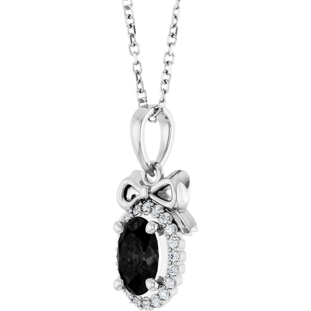 Platinum Oval Natural Black Onyx & Natural Diamond Accented Bow Necklace or Pendant - view 2