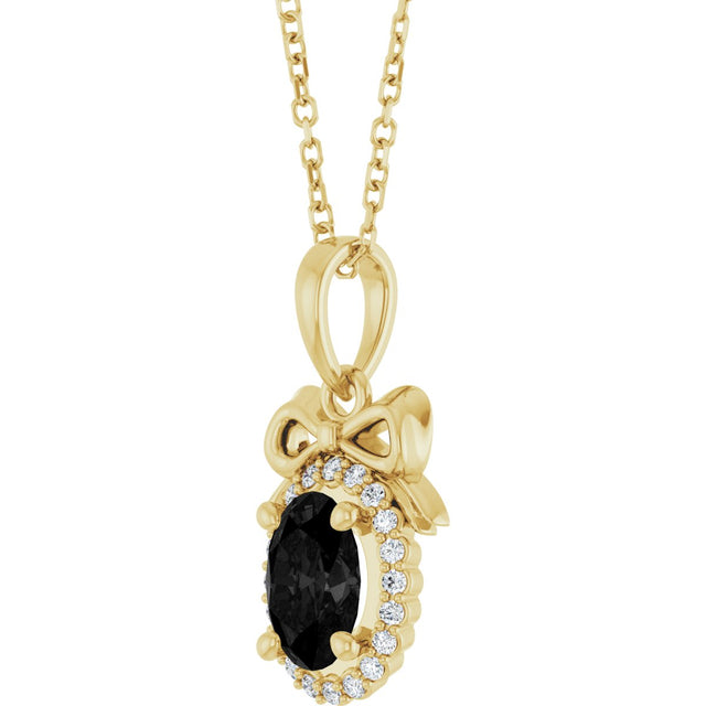 14K Gold Oval Natural Black Onyx & Natural Diamond Accented Bow Necklace or Pendant - Yellow Gold - view 2