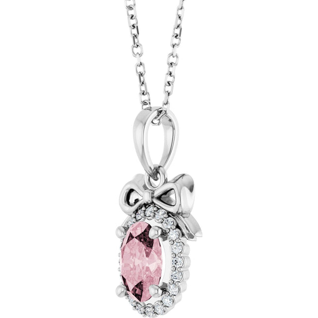 Platinum Oval Natural Pink Morganite & Natural Diamond Accented Bow Necklace or Pendant - view 2