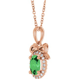 14K Gold Oval Natural Tsavorite Garnet & Natural Diamond Accented Bow Necklace or Pendant - Rose Gold - view 2