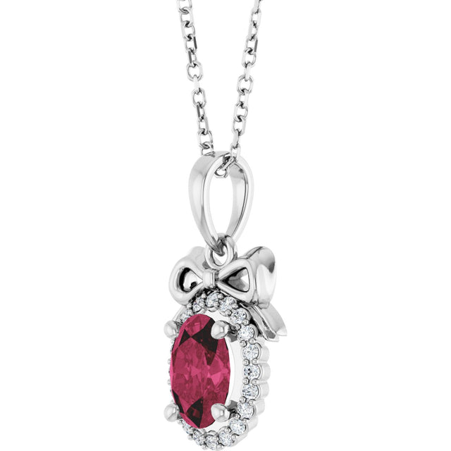 Platinum Oval Natural Rhodolite Garnet & Natural Diamond Accented Bow Necklace or Pendant - view 2