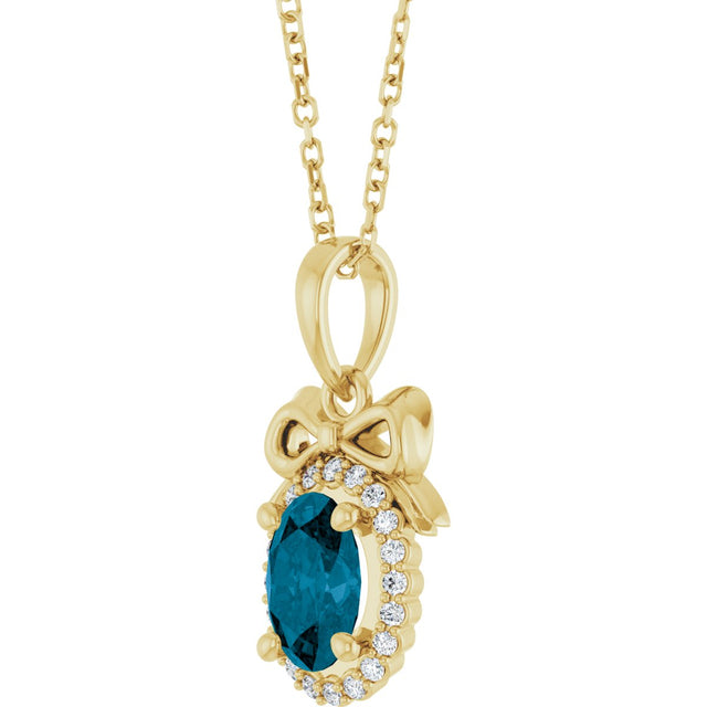 14K Gold Oval Natural London Blue Topaz & Natural Diamond Accented Bow Necklace or Pendant - Yellow Gold - view 2