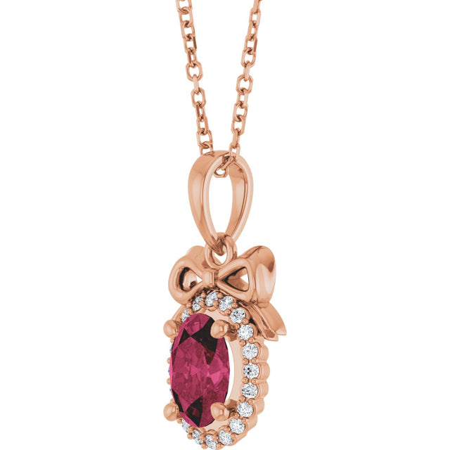 14K Gold Oval Natural Rhodolite Garnet & Natural Diamond Accented Bow Necklace or Pendant - Rose Gold - view 2