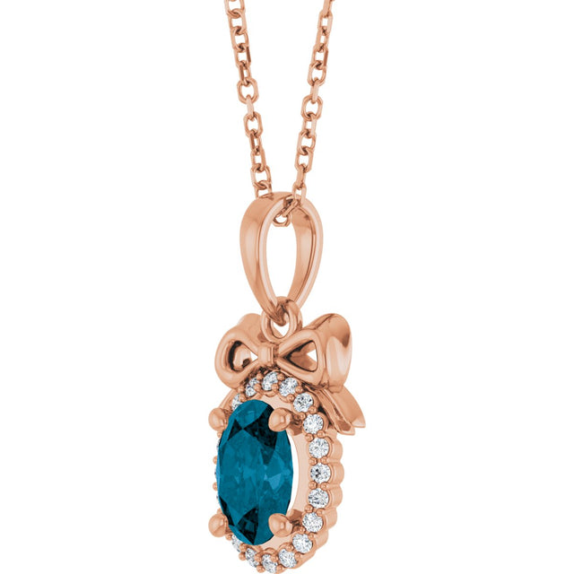 14K Gold Oval Natural London Blue Topaz & Natural Diamond Accented Bow Necklace or Pendant - Rose Gold - view 2