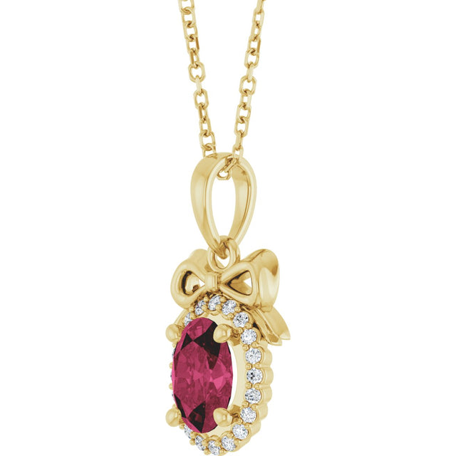 14K Gold Oval Natural Rhodolite Garnet & Natural Diamond Accented Bow Necklace or Pendant - Yellow Gold - view 2