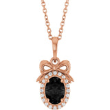 14K Gold Oval Natural Black Onyx & Natural Diamond Accented Bow Necklace or Pendant - Rose Gold