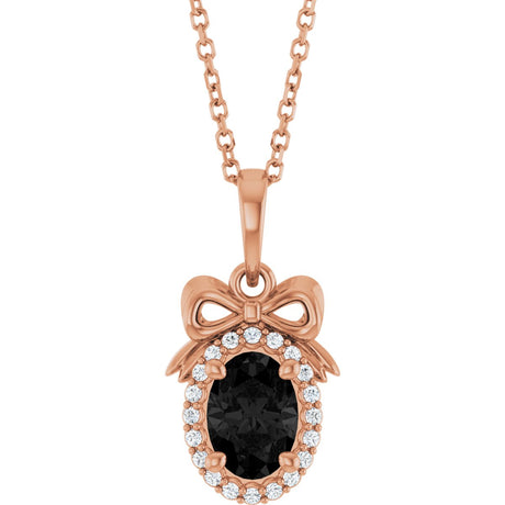 14K Gold Oval Natural Black Onyx & Natural Diamond Accented Bow Necklace or Pendant - Rose Gold