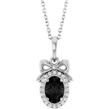 14K Gold Oval Natural Black Onyx & Natural Diamond Accented Bow Necklace or Pendant - White Gold