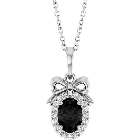 14K Gold Oval Natural Black Onyx & Natural Diamond Accented Bow Necklace or Pendant - White Gold