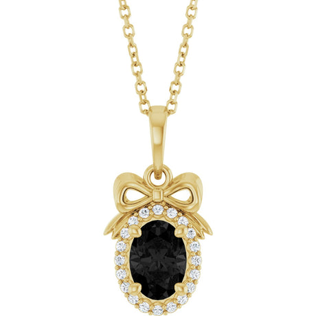 14K Gold Oval Natural Black Onyx & Natural Diamond Accented Bow Necklace or Pendant - Yellow Gold