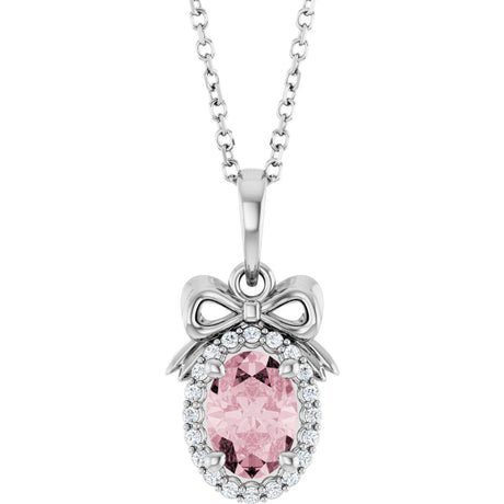 14K Gold Oval Natural Pink Morganite & Natural Diamond Accented Bow Necklace or Pendant - White Gold