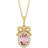14K Gold Oval Natural Pink Morganite & Natural Diamond Accented Bow Necklace or Pendant - Yellow Gold