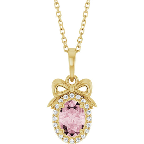 14K Gold Oval Natural Pink Morganite & Natural Diamond Accented Bow Necklace or Pendant - Yellow Gold