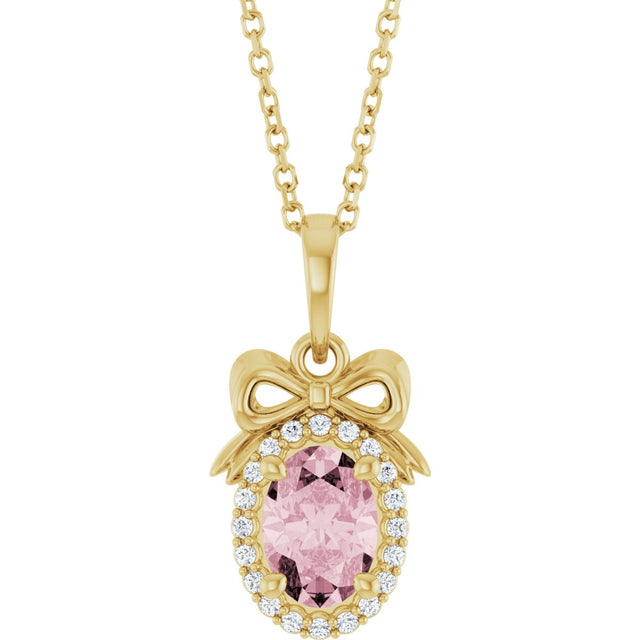 14K Gold Oval Natural Pink Morganite & Natural Diamond Accented Bow Necklace or Pendant - Yellow Gold