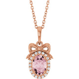 14K Gold Oval Natural Pink Morganite & Natural Diamond Accented Bow Necklace or Pendant - Rose Gold
