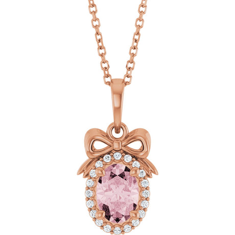 14K Gold Oval Natural Pink Morganite & Natural Diamond Accented Bow Necklace or Pendant - Rose Gold