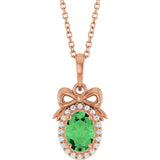 14K Gold Oval Natural Tsavorite Garnet & Natural Diamond Accented Bow Necklace or Pendant - Rose Gold