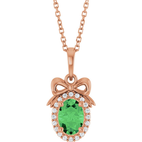 14K Gold Oval Natural Tsavorite Garnet & Natural Diamond Accented Bow Necklace or Pendant - Rose Gold