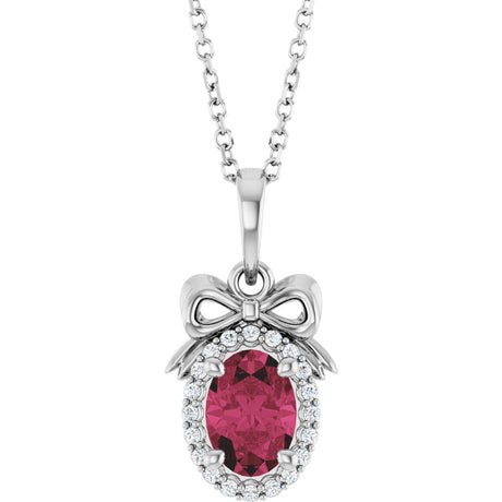 Platinum Oval Natural Rhodolite Garnet & Natural Diamond Accented Bow Necklace or Pendant