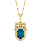 14K Gold Oval Natural London Blue Topaz & Natural Diamond Accented Bow Necklace or Pendant - Yellow Gold