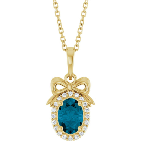 14K Gold Oval Natural London Blue Topaz & Natural Diamond Accented Bow Necklace or Pendant - Yellow Gold