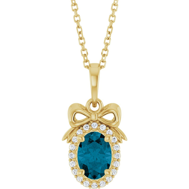 14K Gold Oval Natural London Blue Topaz & Natural Diamond Accented Bow Necklace or Pendant - Yellow Gold
