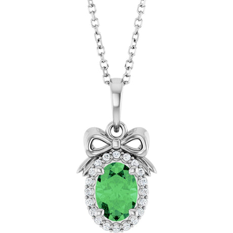 Platinum Oval Natural Tsavorite Garnet & Natural Diamond Accented Bow Necklace or Pendant