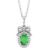14K Gold Oval Natural Tsavorite Garnet & Natural Diamond Accented Bow Necklace or Pendant - White Gold