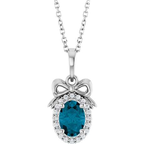 14K Gold Oval Natural London Blue Topaz & Natural Diamond Accented Bow Necklace or Pendant - White Gold