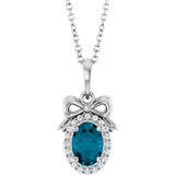 Platinum Oval Natural London Blue Topaz & Natural Diamond Accented Bow Necklace or Pendant