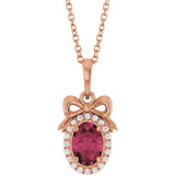 14K Gold Oval Natural Rhodolite Garnet & Natural Diamond Accented Bow Necklace or Pendant - Rose Gold