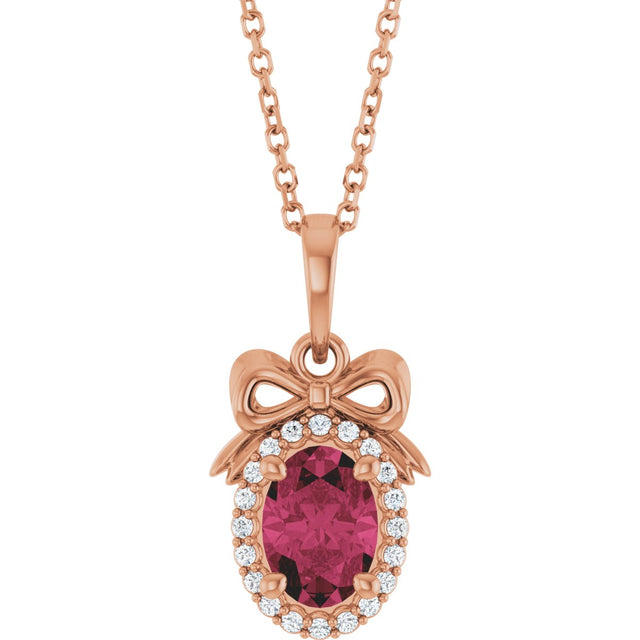 14K Gold Oval Natural Rhodolite Garnet & Natural Diamond Accented Bow Necklace or Pendant - Rose Gold