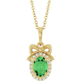 14K Gold Oval Natural Tsavorite Garnet & Natural Diamond Accented Bow Necklace or Pendant - Yellow Gold