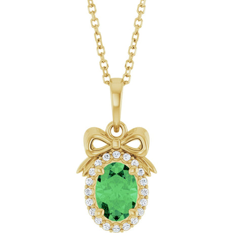 14K Gold Oval Natural Tsavorite Garnet & Natural Diamond Accented Bow Necklace or Pendant - Yellow Gold