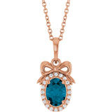 14K Gold Oval Natural London Blue Topaz & Natural Diamond Accented Bow Necklace or Pendant - Rose Gold