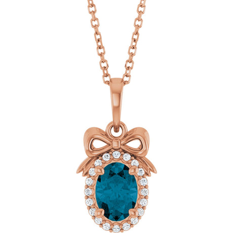 14K Gold Oval Natural London Blue Topaz & Natural Diamond Accented Bow Necklace or Pendant - Rose Gold