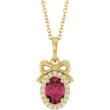 14K Gold Oval Natural Rhodolite Garnet & Natural Diamond Accented Bow Necklace or Pendant - Yellow Gold