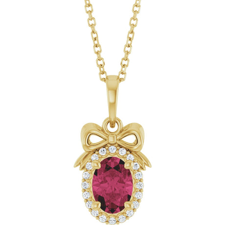 14K Gold Oval Natural Rhodolite Garnet & Natural Diamond Accented Bow Necklace or Pendant - Yellow Gold